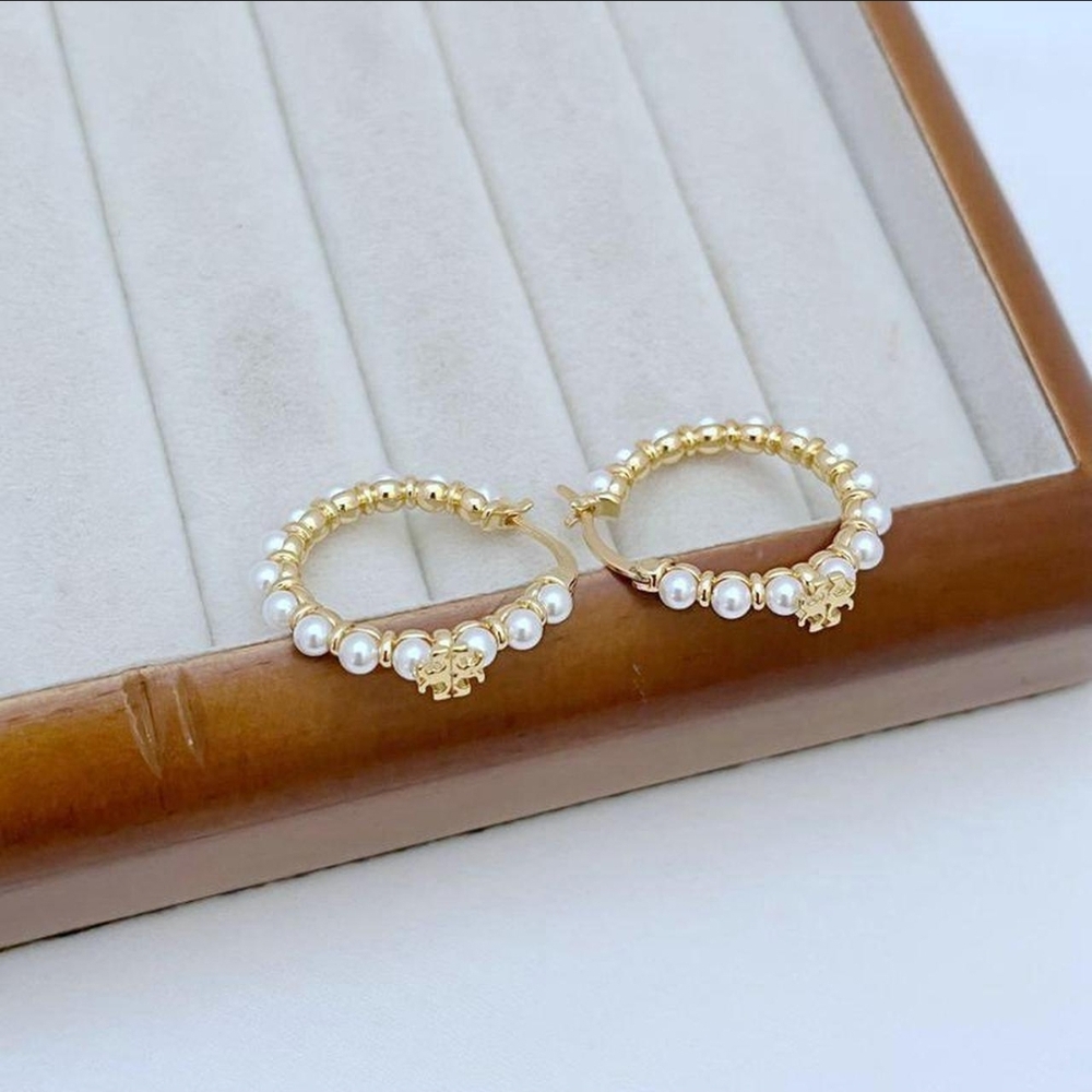 Tory Burch Gold and Pearl Hoop Earrings